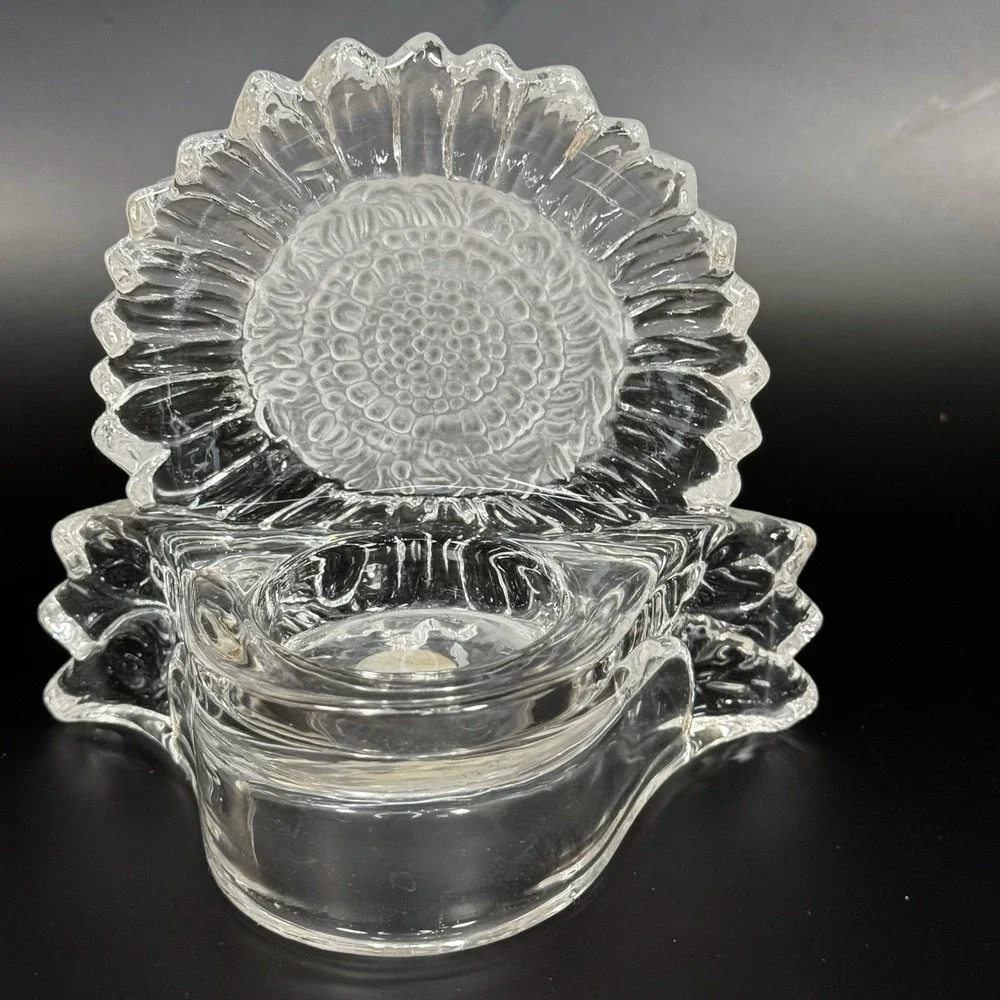 Partylite Sunflower Tealight Votive Candle Holder UV Glow Clear & Frosted Glass‎ - Picture 7 of 9